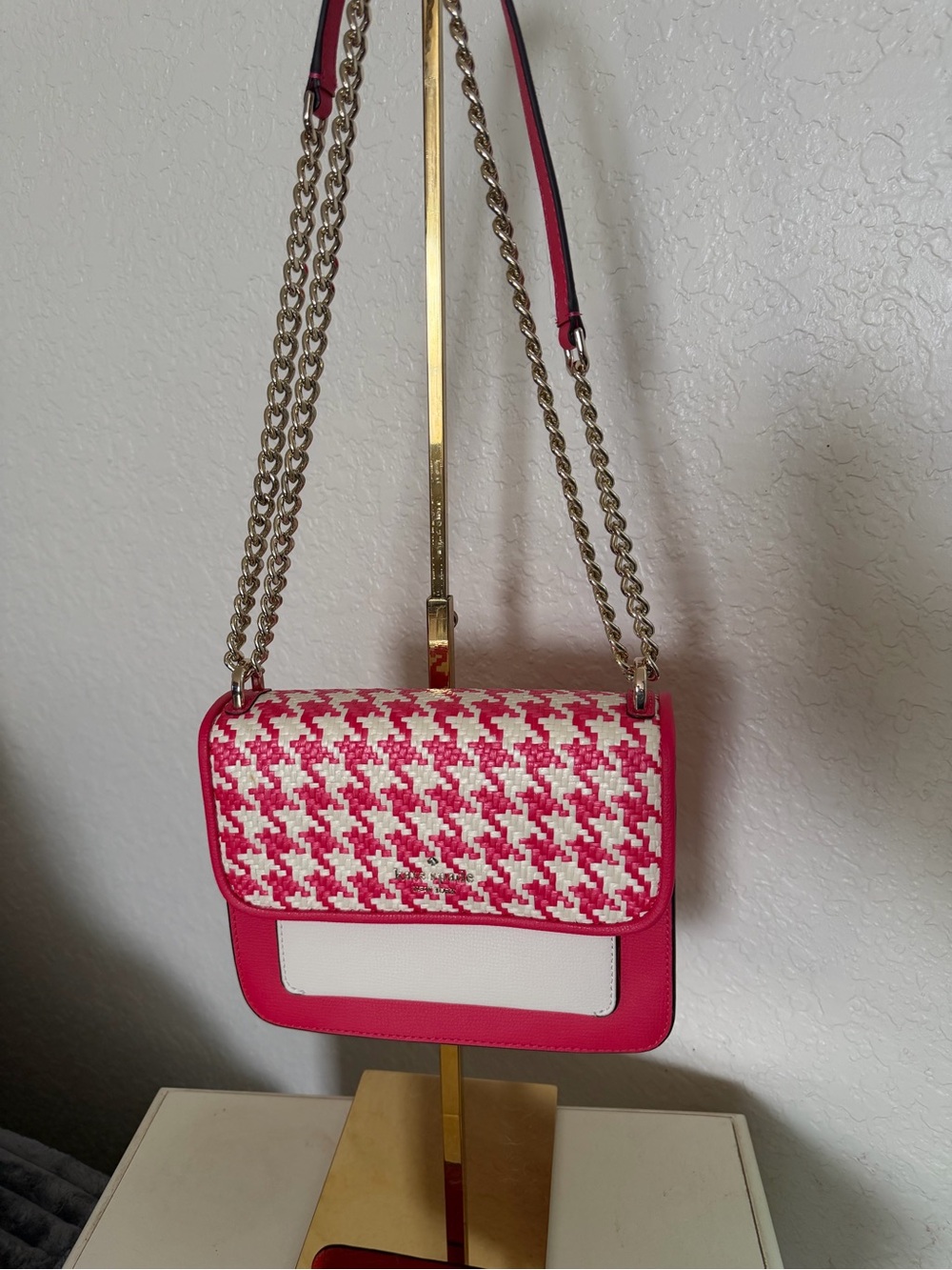kate spade Pink & White Houndstooth Flap Crossbody with Gold Chain